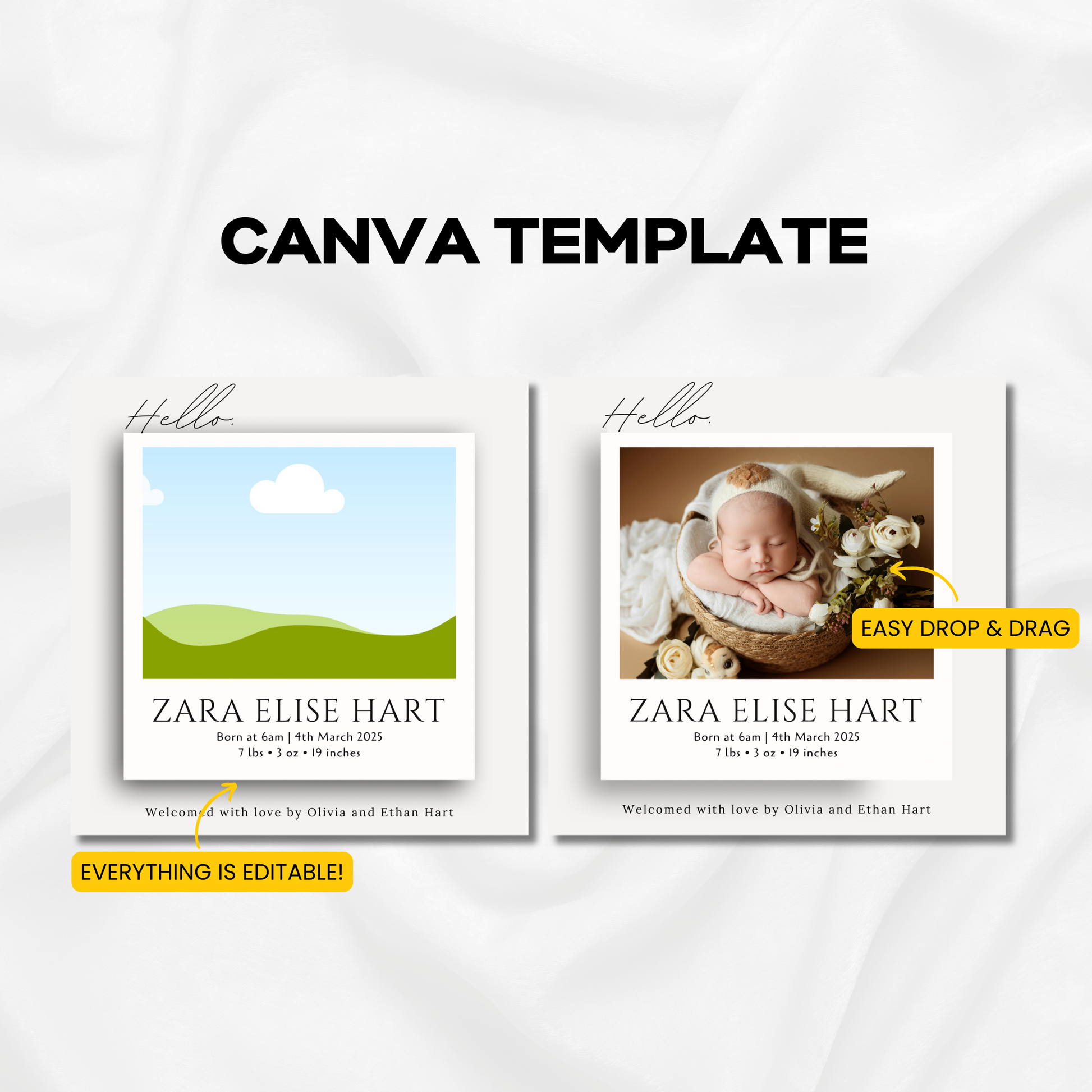 Canva template with two design examples for a baby's birth announcement, featuring text and images of a baby.