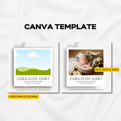 Canva template with two design examples for a baby's birth announcement, featuring text and images of a baby.