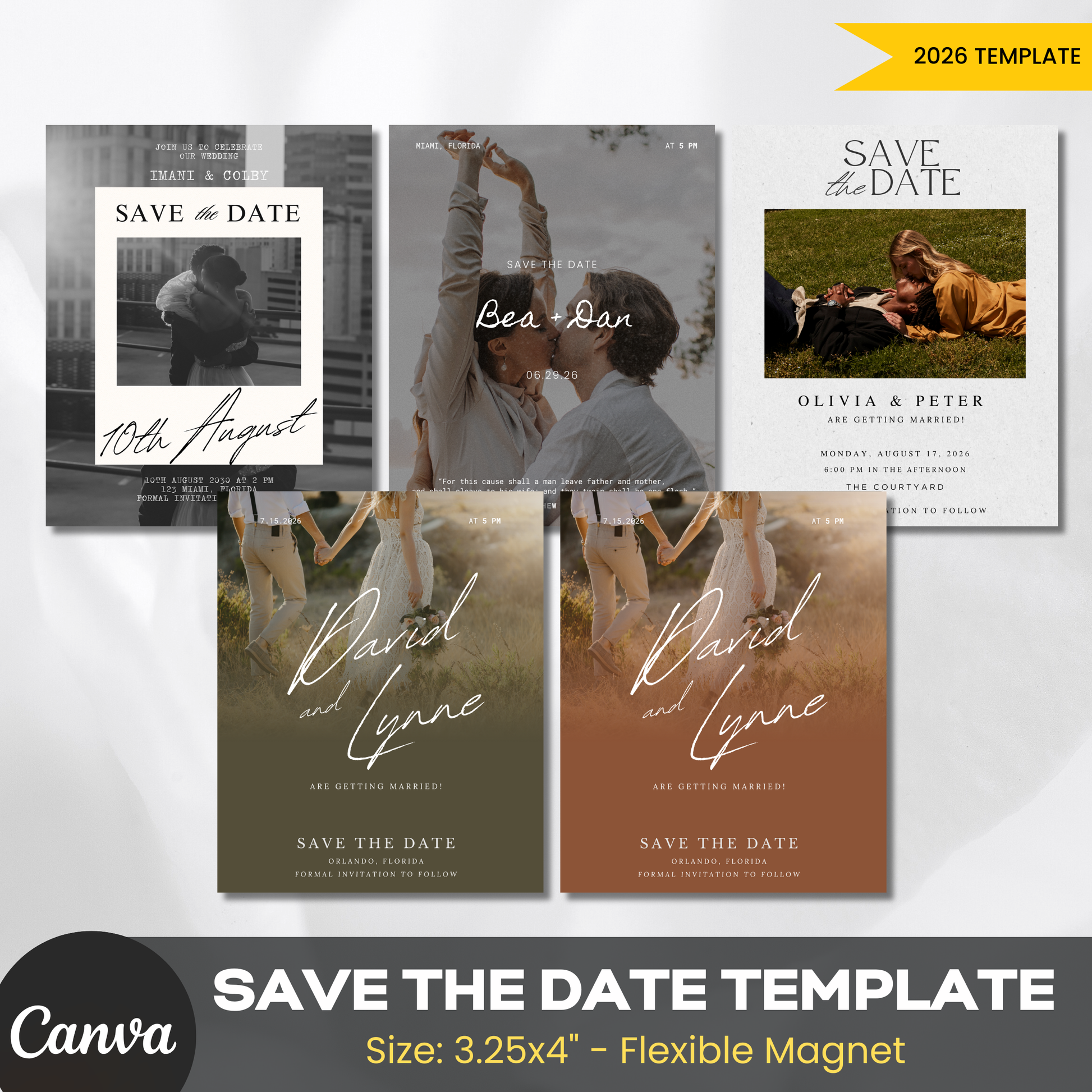 Collection of 'Save the Date' templates with various designs on a white background, featuring the Canva brand.