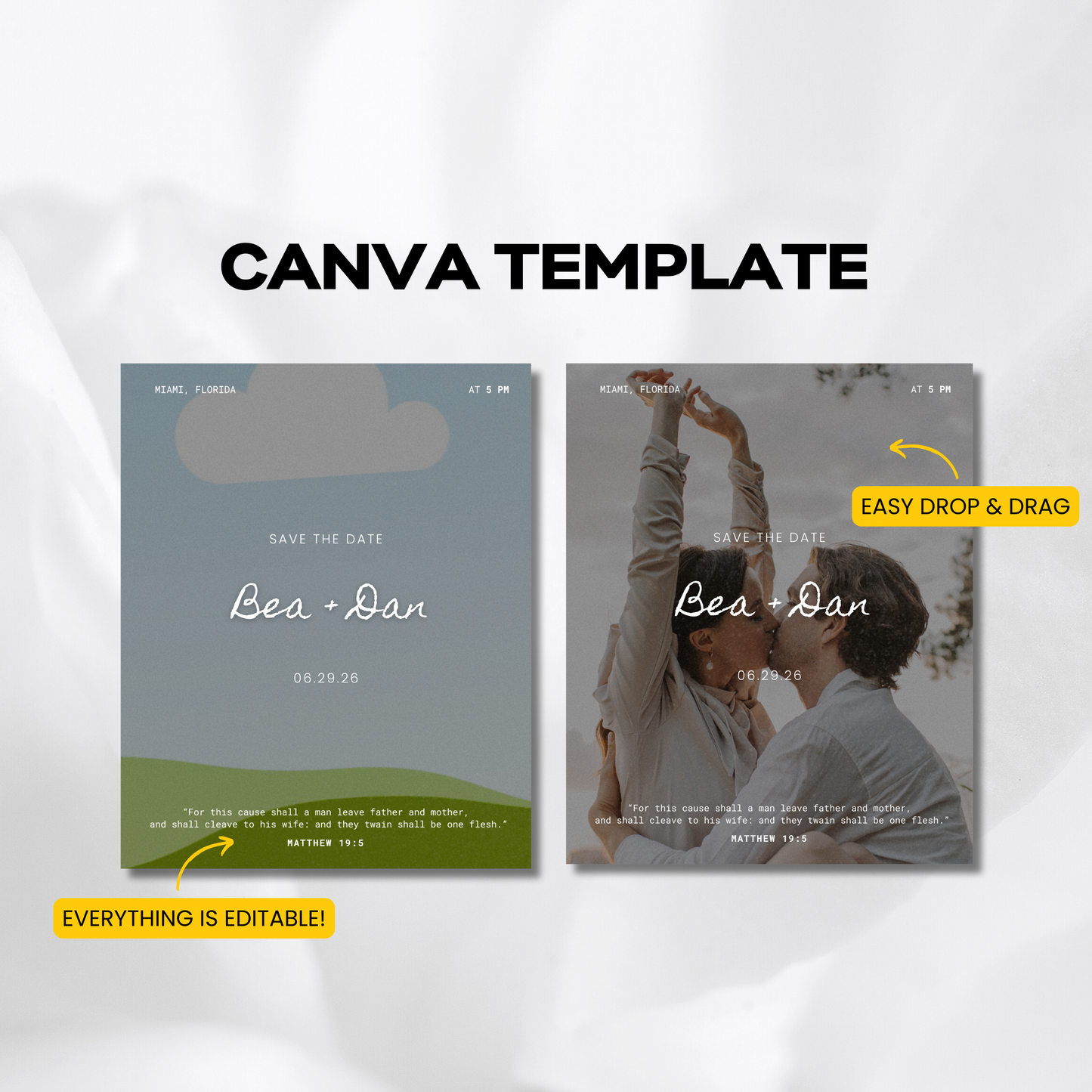 Canva template for save the date cards with a couple and text.