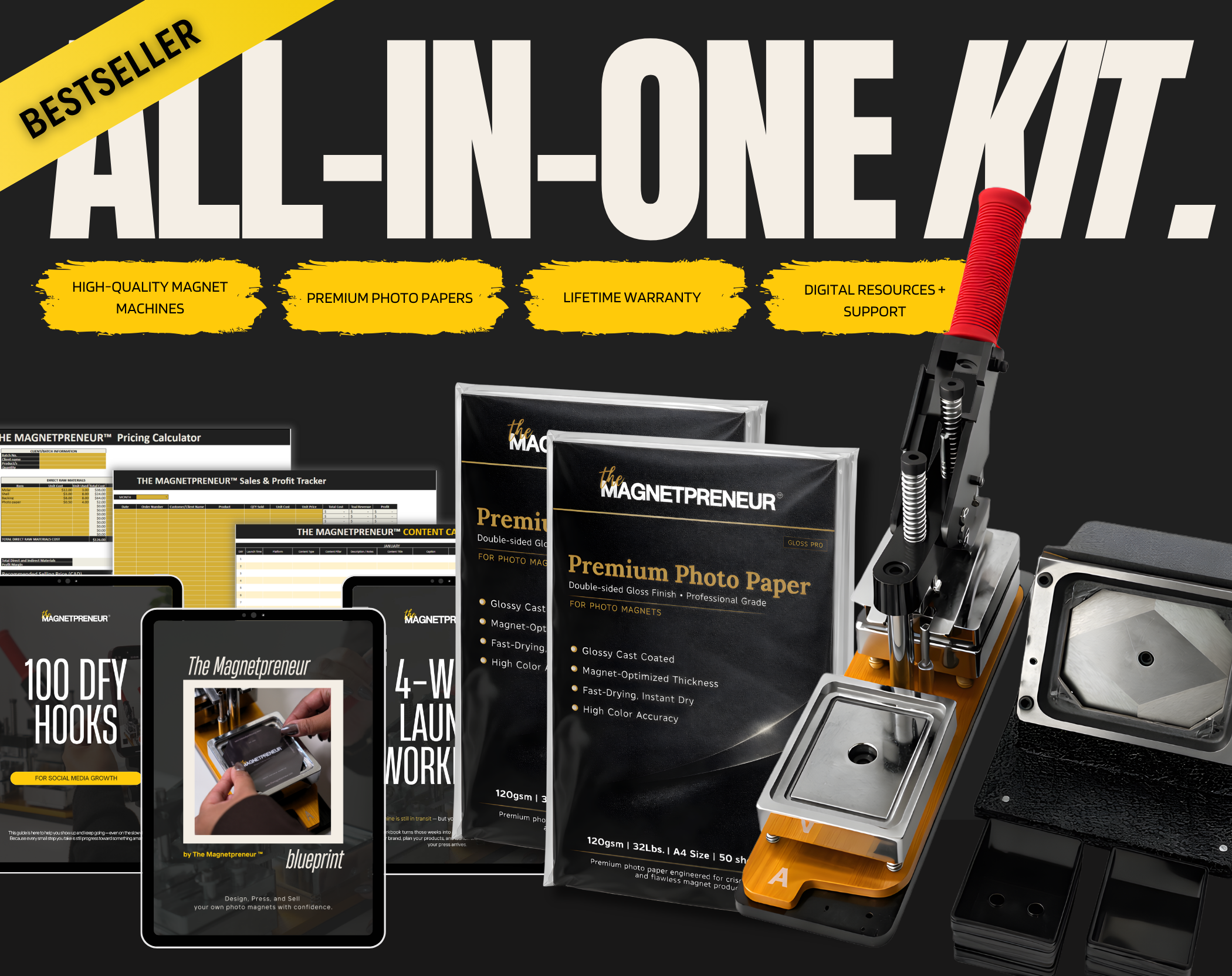 Promotional image of a 'All-In-One Kit' Magnet Maker Machine.