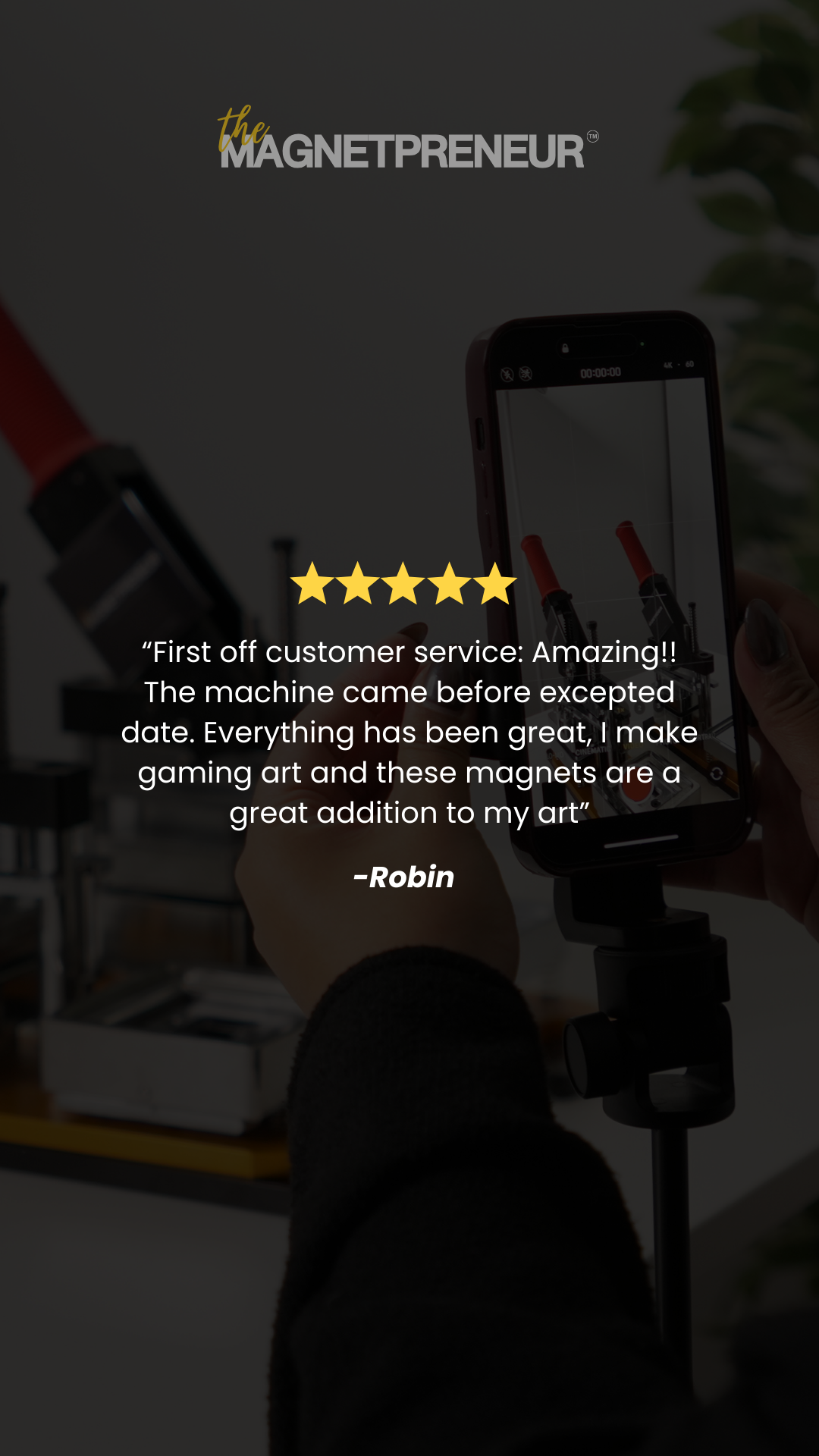 A five star rating review for The Magnetpreneur. A magnet making store that sells magnet maker machines.