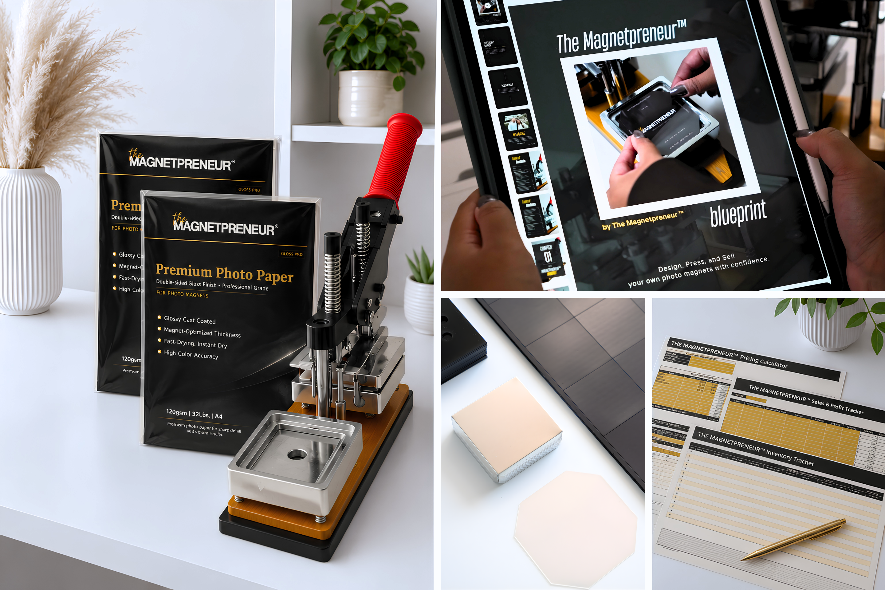 Collage of a photo press machine, photo paper, and 'The Magnetpreneur' book on a white surface.